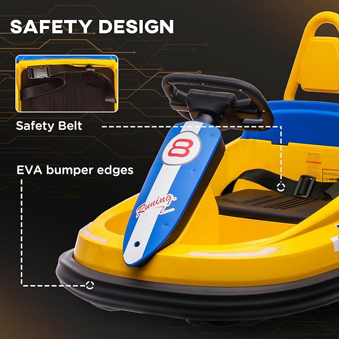 Aosom Toddler Bumper Car, 360° Rotation 6V Kids Electric Ride on Bumper Car with EVA Bumper Edges, Twins Motor, Songs, Horn, LED Lights, Safety Belt for 18-48 Months, Yellow