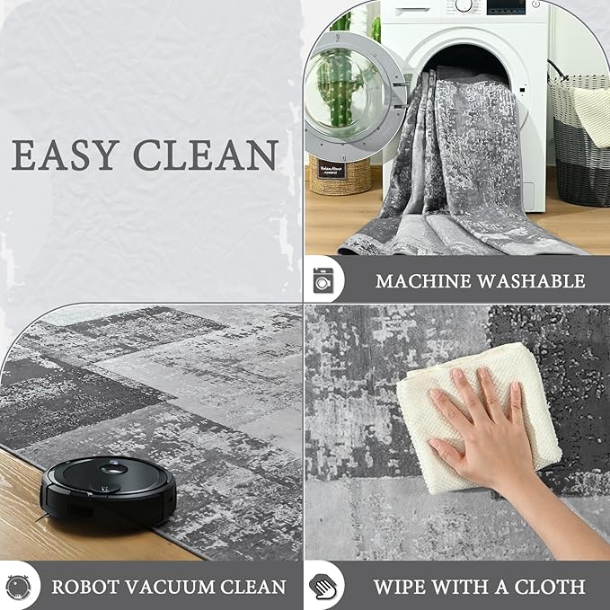 LOCHAS Rug for Living Room, Washable Soft Area Rugs for Bedroom 9x12, Abstract Carpet for Indoor Office Kids Dining Room Nursery Floor, Grey Geometric Vintage Home Decor, Non Slip, Pet Child Friendly