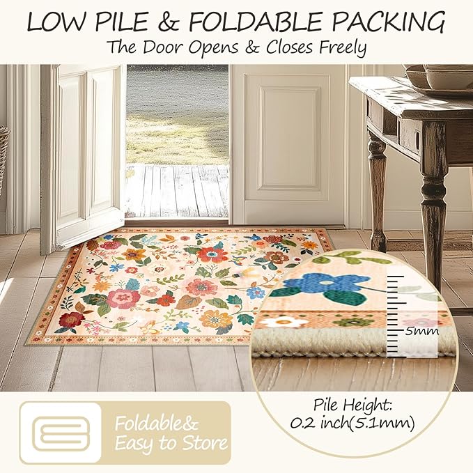 Floral 5x7 Area Rug Machine Washable Soft Print Boho Carpet Non Slip Doormat Low Pile Flower Area Rugs for Living Room Bedroom Nursery Kitchen Dining Room Indoor-Light Orange