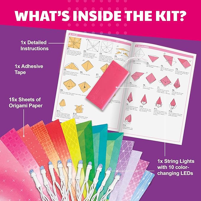 KidzMaker - Origami Flower Lights - DIY Craft Kit for Kids - Make Beautiful Flower-Shaped Origami Paper Kit Lights - Includes Colorful Papers & LED Lights - Fun Creative Activity for Room Decoration
