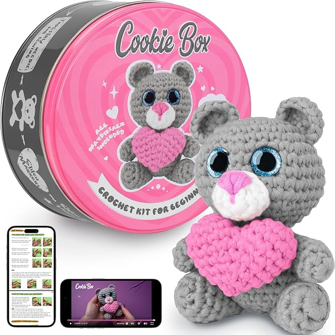 Cookie Box Crochet Kit for Beginners - Learn to Craft Amigurumi Stuffed Animals - Knitting Gift for Kids and Adults - Beginner-Friendly Yarn - Stitch-by-Stitch Video Tutorial - Bear Ted