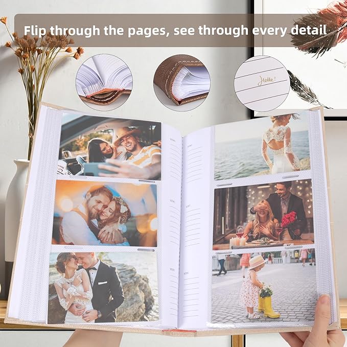 RECUTMS Photo Album with Writing Space 4x6 300 Pockets Photo Book,Leather Cover Picture Album with Memo Areas for Wedding Anniversary Family Baby Couple Valentines Graduation Travel (Beige)