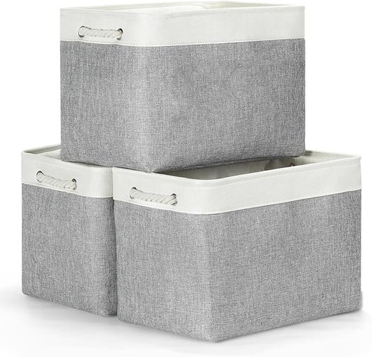 Bidtakay Large Storage Baskets for Organizing 3-Pack Fabric Closet Organizers Storage Bins with Handles 16x11.8x11.8 In Collapsible Baskets for Shelves Cloth Home Organization L-White&Grey