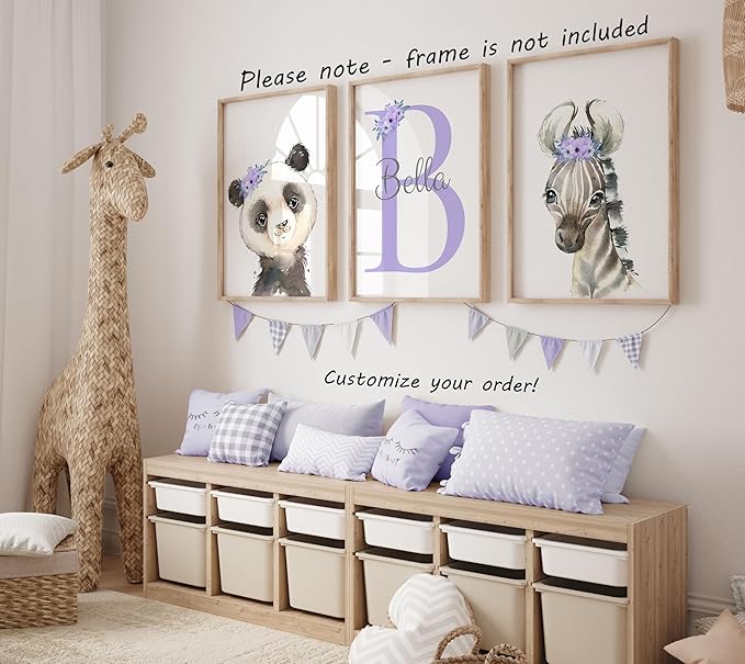 Personalized Safari Animals for Baby Girls Nursery, Set of 3 Unframed Poster Prints, Personalized Name Pink Lilac Floral, Girls Bedroom Decor, Elephant Giraffe (11x14)