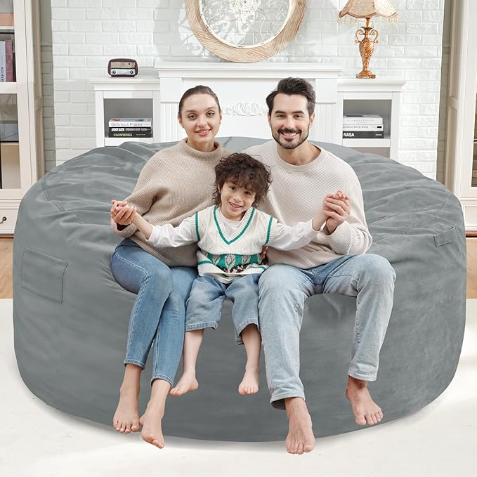 5FT Bean Bag Chair, Large Bean Bag Chairs with Memory Foam Filled, Fluffy Beanbag Sofa with Dutch Velvet Cover, Round BeanBag Chairs for Living Room, Playroom - Light Grey