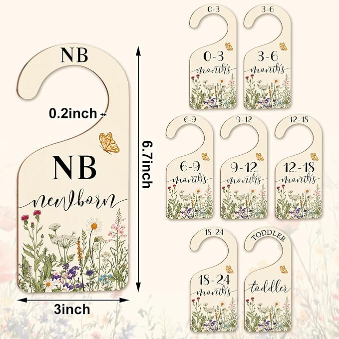 Whaline 8Pcs Wildflower Baby Closet Size Dividers Vintage Floral Leaves Hanging Wood Baby Closet Organizer Newborn to 24 Months Thicken Baby Wardrobe Organizer for Home Nursery