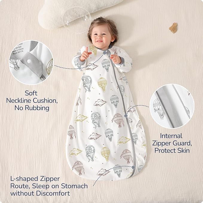 Baby Sleep Sack 6-12 Months, Cotton Detachable Long Sleeve Sleep Sack, 1.0 Tog Toddler Sleeping Sack with Temperature Strips, 2-Way Zipper Wearable Blankets for Newborns, Hot Air Balloon
