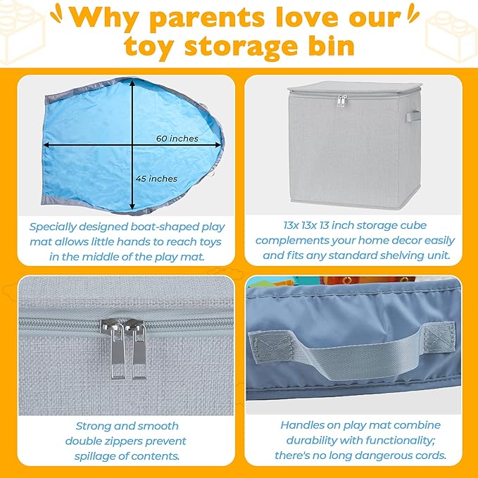 SAM AND MABEL Toy Storage Basket and Play Mat – 13" x 13" x 13" Stackable and Collapsible Cubby Box Organizers for Kids Playroom, Nursery Storage Bins for Boys and Girls (Warm Grayish Beige)