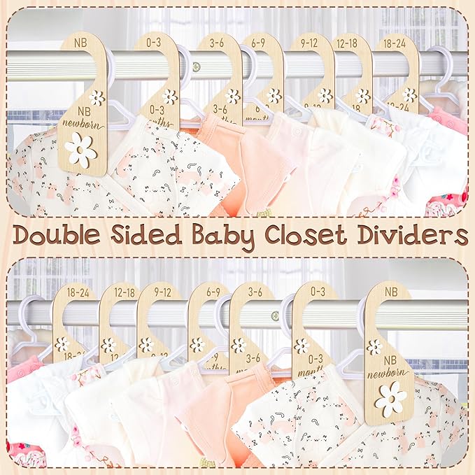 R HORSE Wooden Baby Closet Dividers - 8Pcs Double-Sided 3D Daisy Nursery Closet Organizer Baby Clothes Size Hanger Dividers Newborn Nursery Decor Birthday Gift for Boy Girl (0-24 Months)