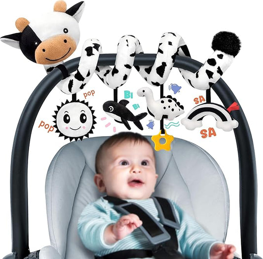 Spiral Car Seat Baby Toys 0-6 Months, Infant Carseat High Contrast Sensory Toys Hanging Stroller Accessories, Newborn Gifts for Baby Boys Girls Essentials, Cute Black and White Cow