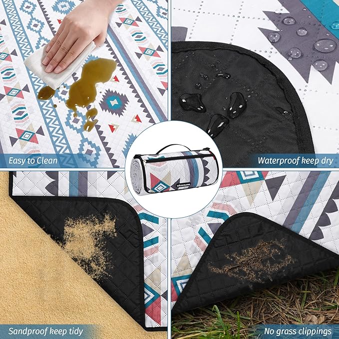 Picnic Blankets Extra Large - Beach Blanket Waterproof Sandproof with Shoulder Strap, Machine Washable, Outdoor Blanket with Stakes for Grass Concert, Park, Lawn,Travel,Spring Summer. Navy