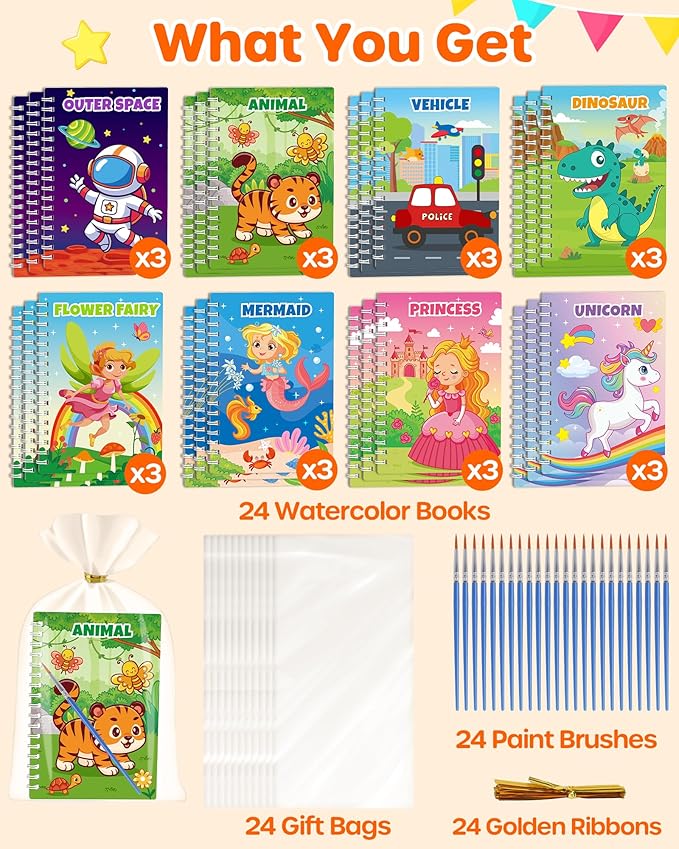 D-FantiX 24 Pack Paint with Water Coloring Books for Kids Ages 4-8-12, Birthday Party Favors Bulk Gifts Goodie Bag Stuffers, Arts and Crafts Classroom Prizes Rewards, Back to School Gifts for Students