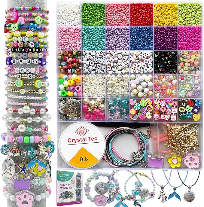 PHODDR 4300pcs Beads Bracelet Making Kit ，Beads for Jewelry Making Kit Supplies, Friendship Bracelet kit， Birthday Christmas Gifts for Girls Ages 5 6 7 8 9 10 11 12 Years Old