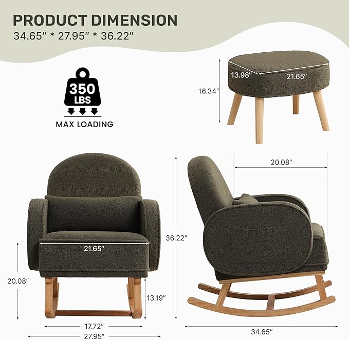 Rocking Chair with Ottoman, Upholstered Nursery Glider Rocker with High Backrest and Side Pocket, Teddy Rocking Accent Armchair with Solid Wood Legs for Nursery, Living Room, Bedroom Green