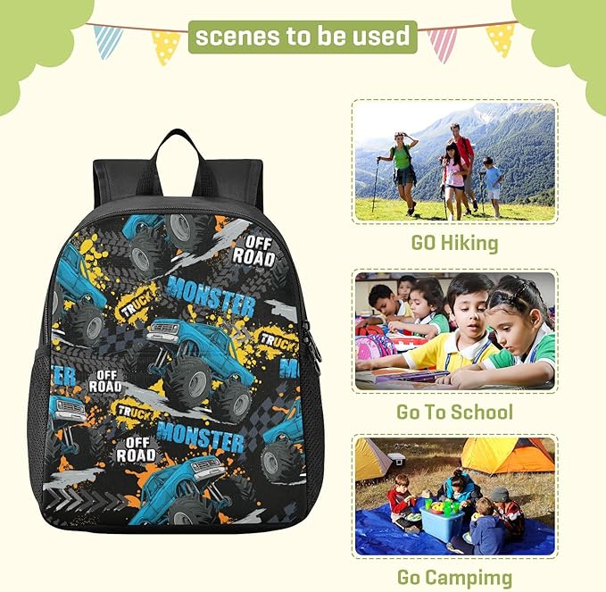 Toddler Monster Truck Waterproof Mini Backpack Boys/Girls Cute Small Kindergarten Pre School Bag (S)