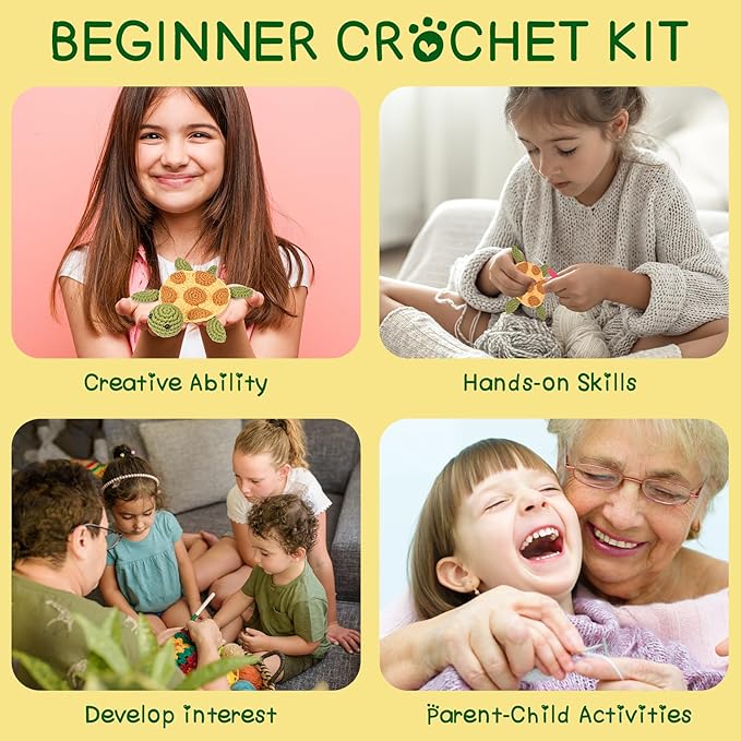 WaldyWop Crochet Kit for Beginners – Easy to Follow Tutorials, Ergonomic Hook & Tangle-Free Yarn, Complete DIY Craft Set for Girls 8-12 & Women, Stress Relief & Home Decor (Turtle Coaster)