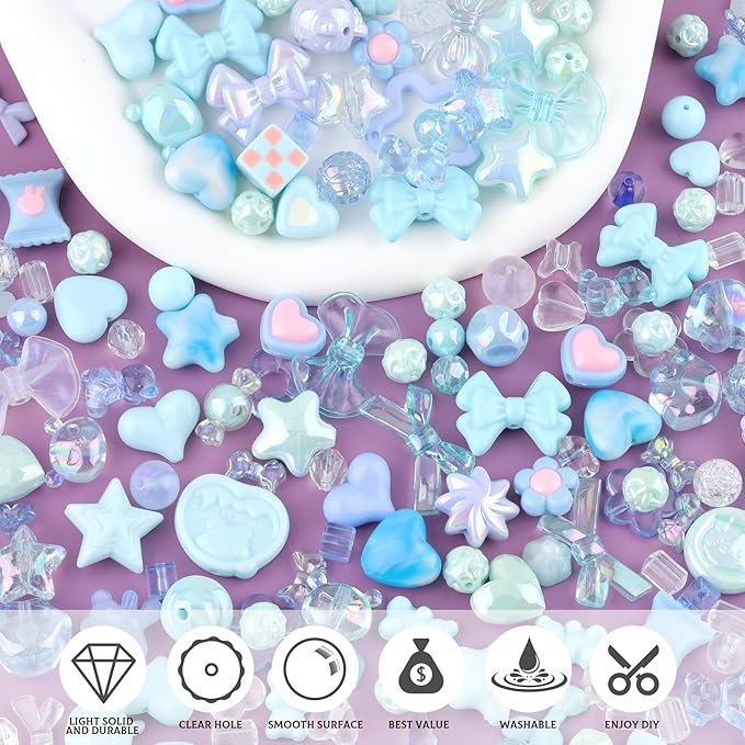 Assorted 170-230PCS Blue Acrylic Beads for Bracelet Making, Flower Bow Butterfly Candy GummyBear Aesthetic Bracelet Charms,Cute Beads for Jewelry Making DIY Necklace Keychain Phone Charm