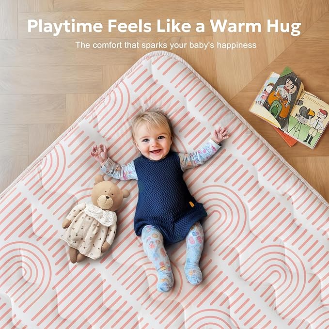 Soft Thicker Baby Mat for Floor 71"x59", Extra Large Baby Play Mat, Non-Slip Playpen Mat, Easy to Clean & Portable Playmat, Crawling Mat for Babies Toddlers, Activity Mat, Rainbow, Pink