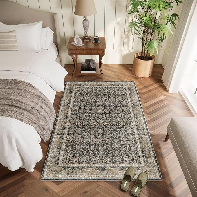 Washable 3x5 Entryway Rug Indoor, Boho Non-Slip Silicone Backing Small Rugs for Kitchen Nursery Office Bedroom, 0.3" Neutral Oriental Throw Carpet with 0.16" Cushioning Pad, Black/Multi