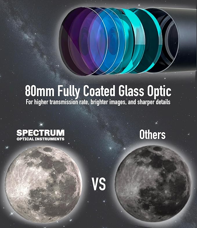 SpectrumOI Telescope for Kids, Telescope for Adults Astronomy Gifts, Telescope for Kids 8-12 - Premium EQ Refractor Telescope 80mm Aperture with Aspherical Eyepiece