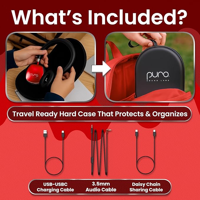 Puro Sound Labs PuroQuiet Plus Kids Noise Cancelling Headphones, Bluetooth Kids On Ear Headphones with Mic, Lightweight On-Ear Design, Studio-Grade Sound (Red)