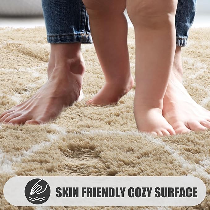 ONASAR 5x7 Area Rugs for Living Room Bedroom, Washable Fluffy Beige and White Shag Rug, Geometric Boho Soft Plush Shaggy Floor Carpet Mat for Nursery Kids Girls Boys Teen Dorm Home Decor Aesthetic