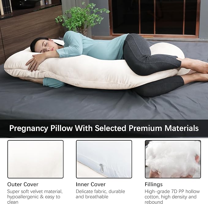 MOON PARK Pregnancy Pillows for Sleeping - U Shaped Full Body Maternity Pillow with Removable Cover - Support for Back, Legs, Belly, HIPS - 65 Inch - Ivory