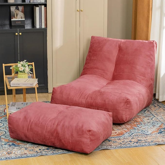 Bean Bag Chair with Ottoman, Comfy Bean Bag Sofa with Memory Foam, Lazy BeanBag Sofa with Footstool, Fireside Bean Bag Couch for Living Room, Bedroom, Apartment