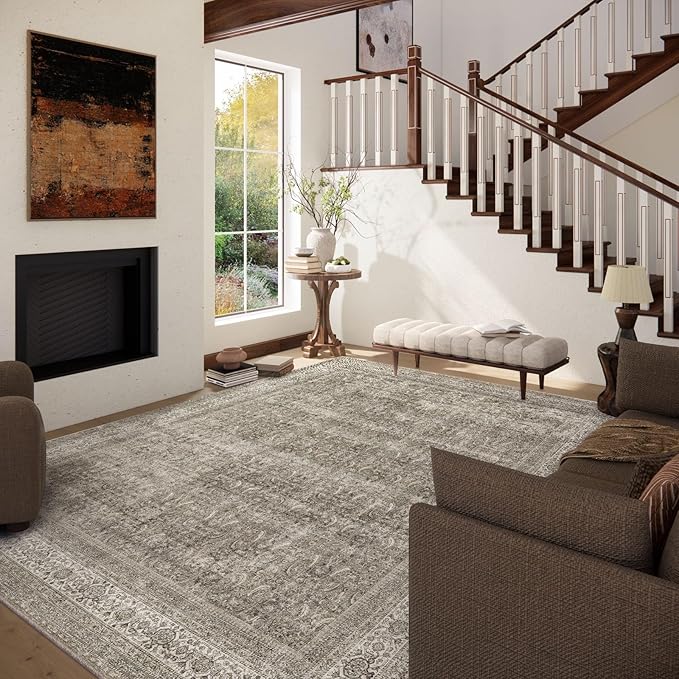 Washable Area Rugs for Living Room: 5x7 Bedroom Rug Boho Vintage Area Rug Stain Resistant Non Slip Low Pile Lightweight Soft Carpets for Dining Room Kitchen Nursery Kids Room Farmhouse
