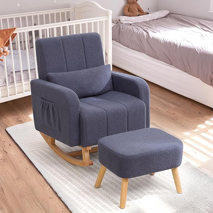 Rocking Chair with Ottoman, Upholstered Glider Rocker with High Backrest and Side Pocket, Comfy Reading Chair with Solid Wood Legs for Nursery, Living Room,Bedroom Dark Grey