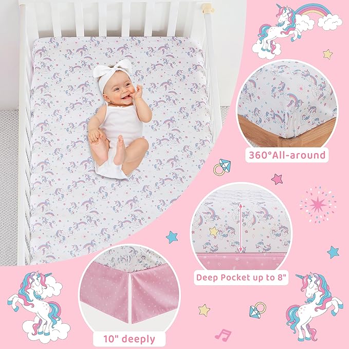 Viviland 3 Pieces Baby Bedding Set for Boy Girls, Baby Bedding Set for Newborn, Infant & Toddler - Unicorn