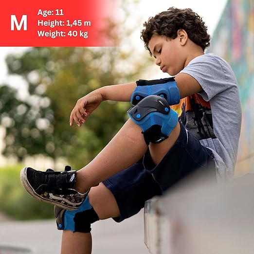 SKATEWIZ Knee Pads for Kids - Knee and Elbow Pads Set - PROTECT-1 - Size S Blue - Wrist Guards for Skating, Skateboard, BMX and Scooter 8-12