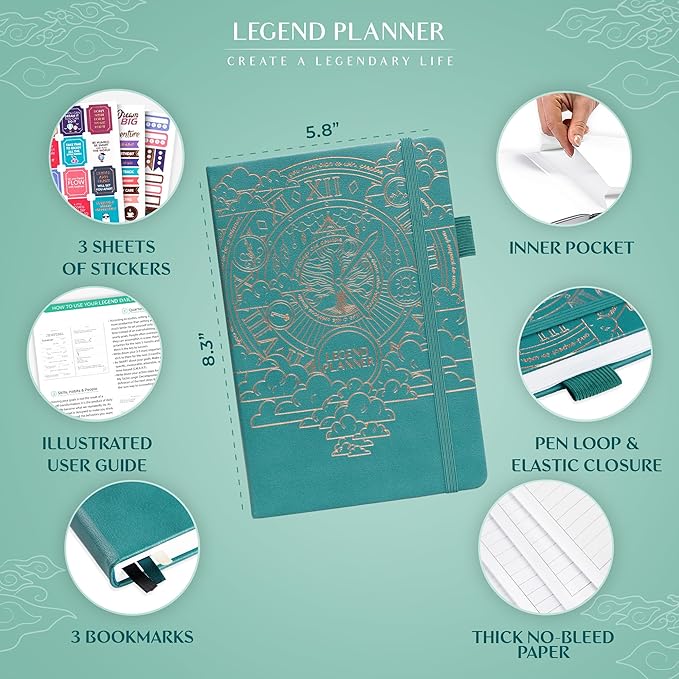 Legend Planner Daily for 3 Months – Undated Monthly Weekly & Daily Planner to Hit Goals. Organizer & Productivity Journal, A5 (Viridian Green)