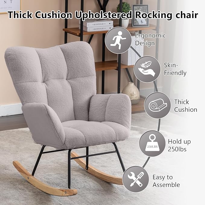NIOIIKIT Nursery Rocking Chair Velvet Upholstered Glider Rocker Rocking Accent Chair Padded Seat with High Backrest Armchair Comfy Side Chair for Living Room Bedroom Offices (Light Gray)