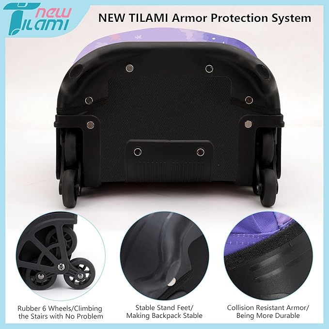 NEW TILAMI 18 inch Rolling Backpack Boys & Girls for School – Durable, Waterproof, Adjustable Handle, Ideal for Travel & Daily Use, Purple Sky