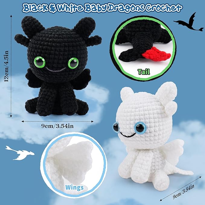 Dragon Crochet Kit for Beginners, 2PCS Black and White Dragon Crochet Animal Kit with Step-by-Step Video Tutorials, Crocheting Kits, Crochet Starter Kit for Kid and Adult, Stuffed Animal Knitting Kits