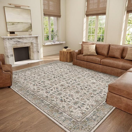 Washable 8x10 Area Rugs for Living Room, Boho Non-Slip Silicone Backing Rugs for Bedroom Dining Room Nursery Office, 0.3" Neutral Oriental Throw Carpet with 0.16" Cushioning Pad, Cream/Multi