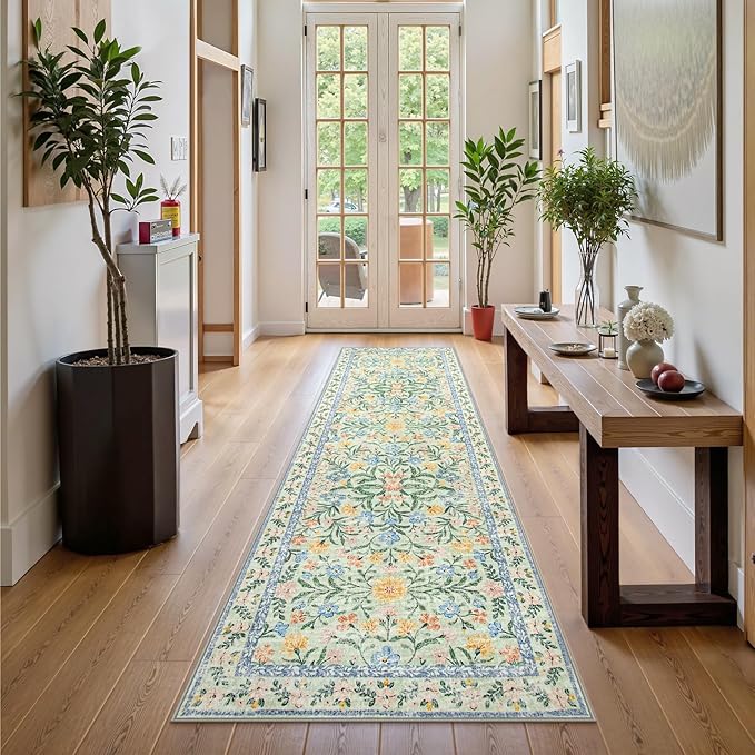 Wonnitar Washable Runners for Hallways, 2'6''x8' Floral Green Runner Rug for Kitchen Bathroom, Boho 8ft Non Silp Extra Long Rugs for Entryway Bedroom Laundry