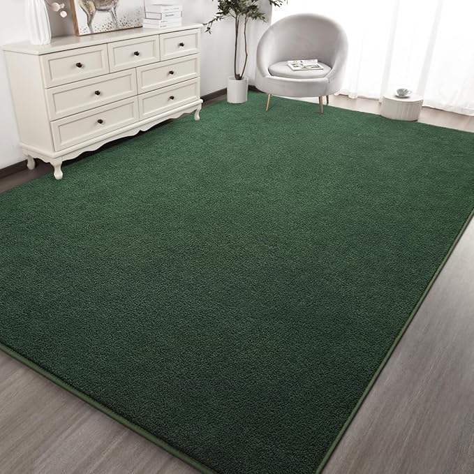 Kimicole 6x9 Washable Area Rugs for Living Room Bedroom, Large Low Pile Ulta-Thin Solid Color Rug, Non-Slip Soft Fluffy Carpet for Nursery Kids Room Dorm Room Home Decor (Dark Green)