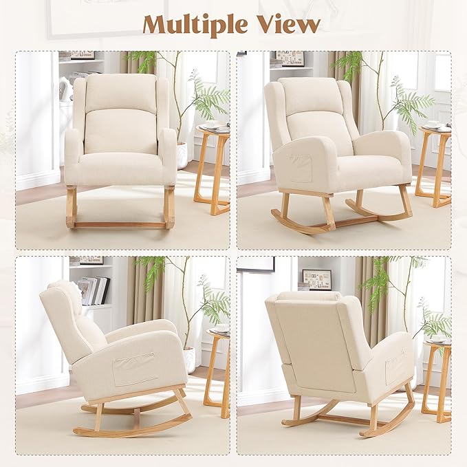 Rocking Chair Nursery, Nursing Rocking Chairs for Mom Nursery, Comfy Wingback Glider Rocking Armchair with Side Pocket for Nursery Living Room, Beige