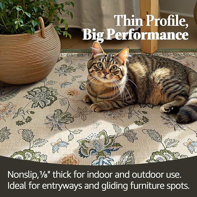 jinchan 2x5 Floral Runner Rug for Hallway Washable Kitchen Runner Vintage Romance Design Non Slip Thin Indoor Floor Cover Low-Profile Throw Carpet for Entryway Bathroom Bedroom Porch, Green/Beige