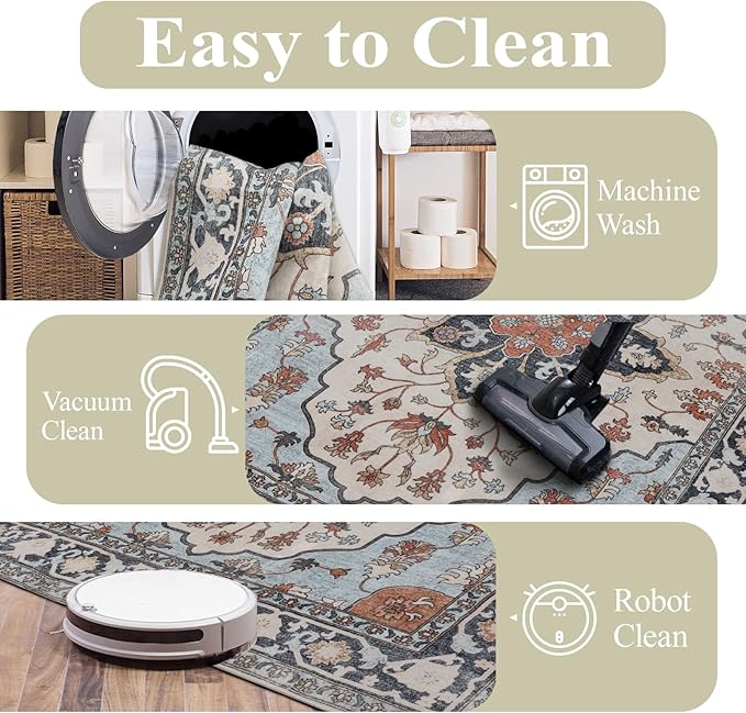 4x6 Washable Area Rug for Living Room, Carpet for Bedroom, Soft Faux Wool Retro Dining Room Rug, Non Slip&Non-Shedding Resistant Low Pile Vintage Print Rug for Home Office (Blue/Gray)