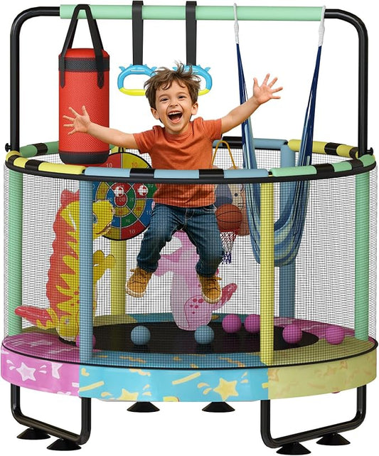 LAMERGE 55" 7-in-1 Round Trampoline for Kids Boys & Girls Ages 1-8, Indoor & Outdoor Trampoline for Fun, Adjustable Height Handrail ＆ Enclosed Safety Net ＆ Durable Designs for Toddlers Children
