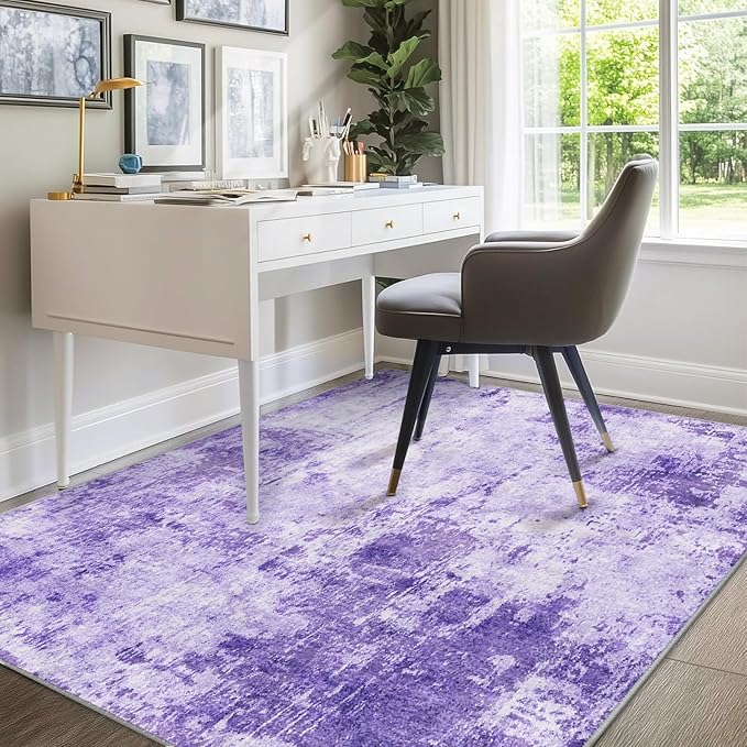 Washable Area Rugs 5'x7' Non-Slip Modern Abstract Soft for Living Room Entryway Bedroom Nursery, Print Pattern, Purple Gray Pink White
