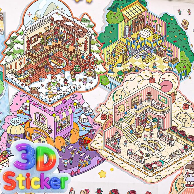 DIY 3D Sticker Scene，8 Sets Pack（600+） Large-Sized, Reusable Sticker Book, Cute Sets for Free Combination, Waterproof for Anywhere, Crafts Party Favors Birthday Gift