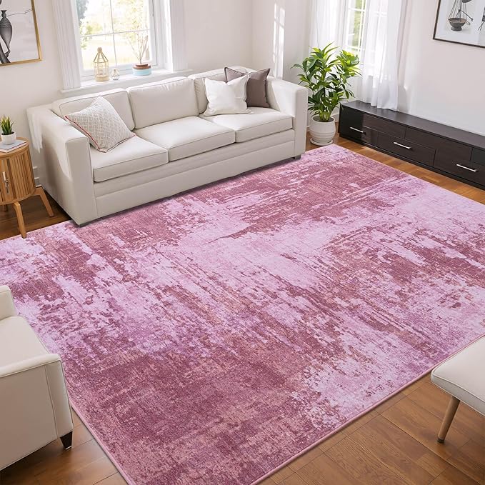 Living Room Rugs 6x9 Hot Pink Washable Area Rug, Abstract Modern Bedroom Rugs Non Slip Stain Resistant Neutral Large Carpet for Nursery, Dining, Kids Playroom, Dining Room, Office