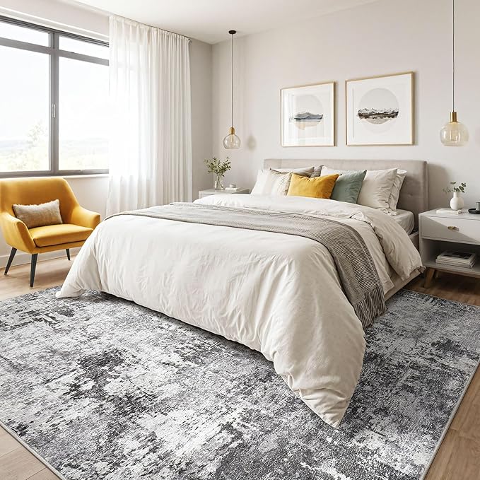 7x9 Area Rug Living Room: Machine Washable Large Abstract Modern Soft Rugs Stain Resistant Indoor Floor Non Slip Accent Carpet for Bedroom Nursery Playroom Office Dining Room Dorm Home- Black Grey