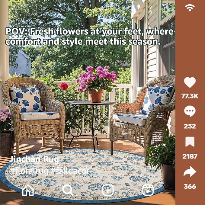 jinchan 4ft Floral Round Rug for Entryway Washable Kitchen Rug Vintage Romance Design Non Slip Indoor Doormat Lightweight Low-Profile Throw Carpet for Living Room Dining Room Bedroom, Blue/Beige