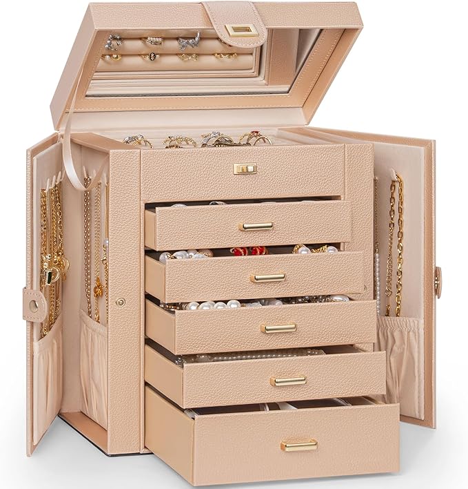AKOZLIN 6-Tier Jewelry Box Organizer Functional 5 Drawers Leather Jewelry Storage Case for Women Girls Ring Necklace Earring Bracelet Holder Organizer with Mirror Champagne