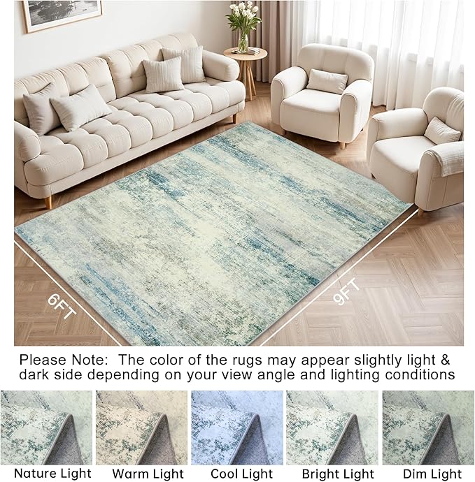 Washable Rug 6x9 Area Rugs, Abstract Large Living Room Rugs with Non-Slip Backing, Thin Carpet for Dorm Dining Room Table Nursery Indoor Home Office -Blue/Gray